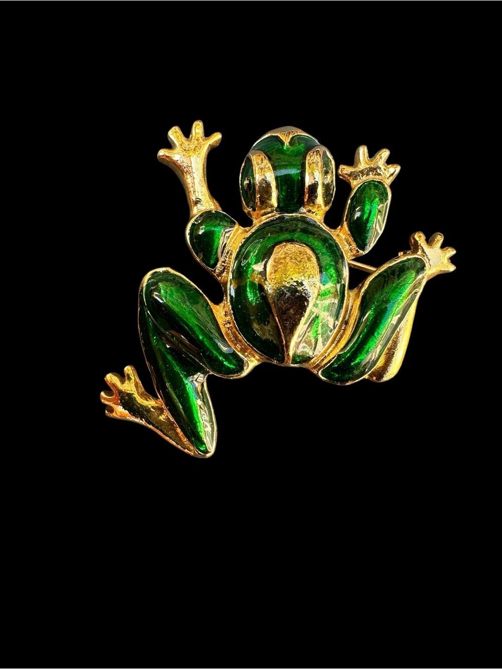 Vintage Green Enamel Frog Brooch Pendant Gold Tone Convertible Pin